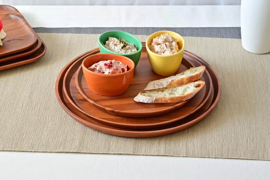 アカシアスタッキング丸トレイ 天然木木製食器 ブラウン プレート トレー